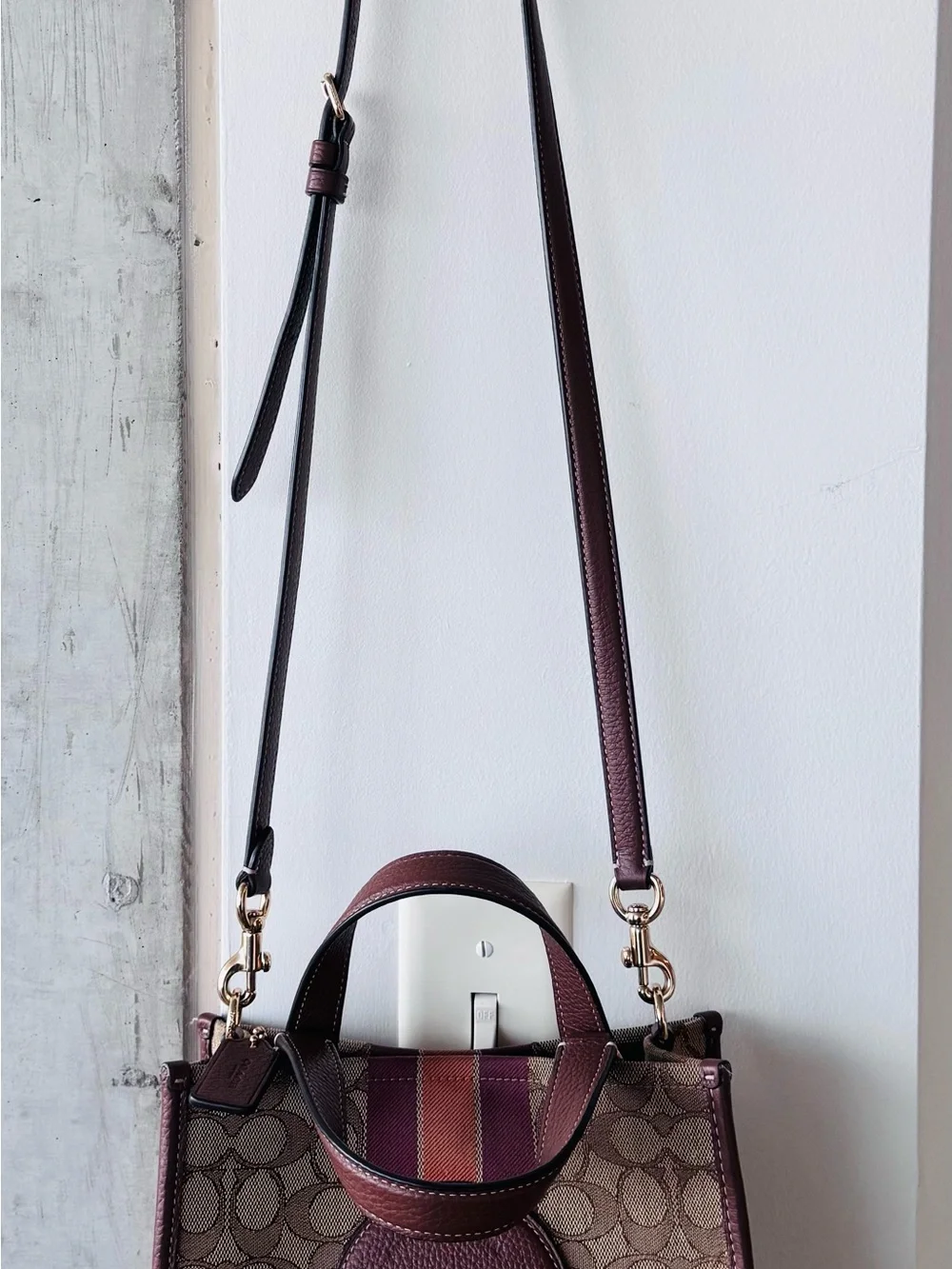 Coach Tan Signature Stripe Small Tote with Burgundy and Orange Center Stripe